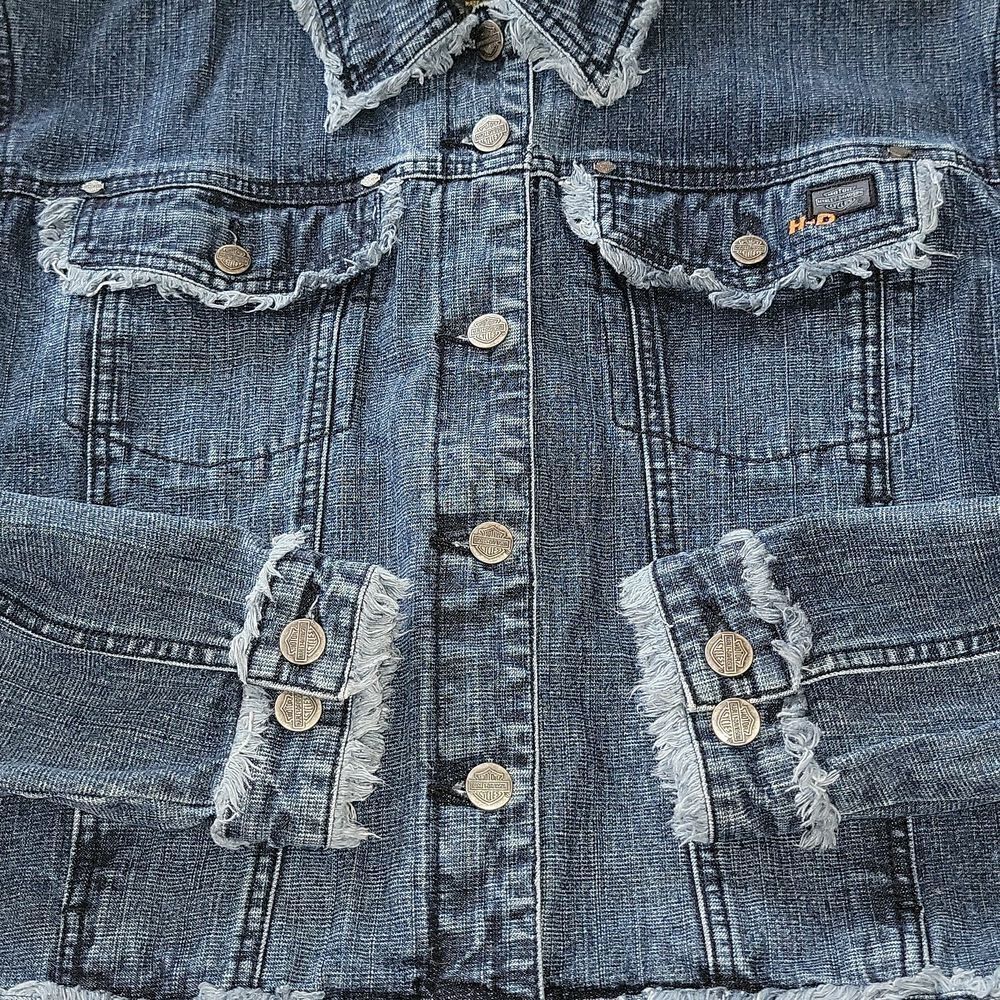 Harley-Davidson HD Denim Jacket Frayed Raw Edges Logo Moto Hippie Y2K Rare XL - Picture 9 of 13